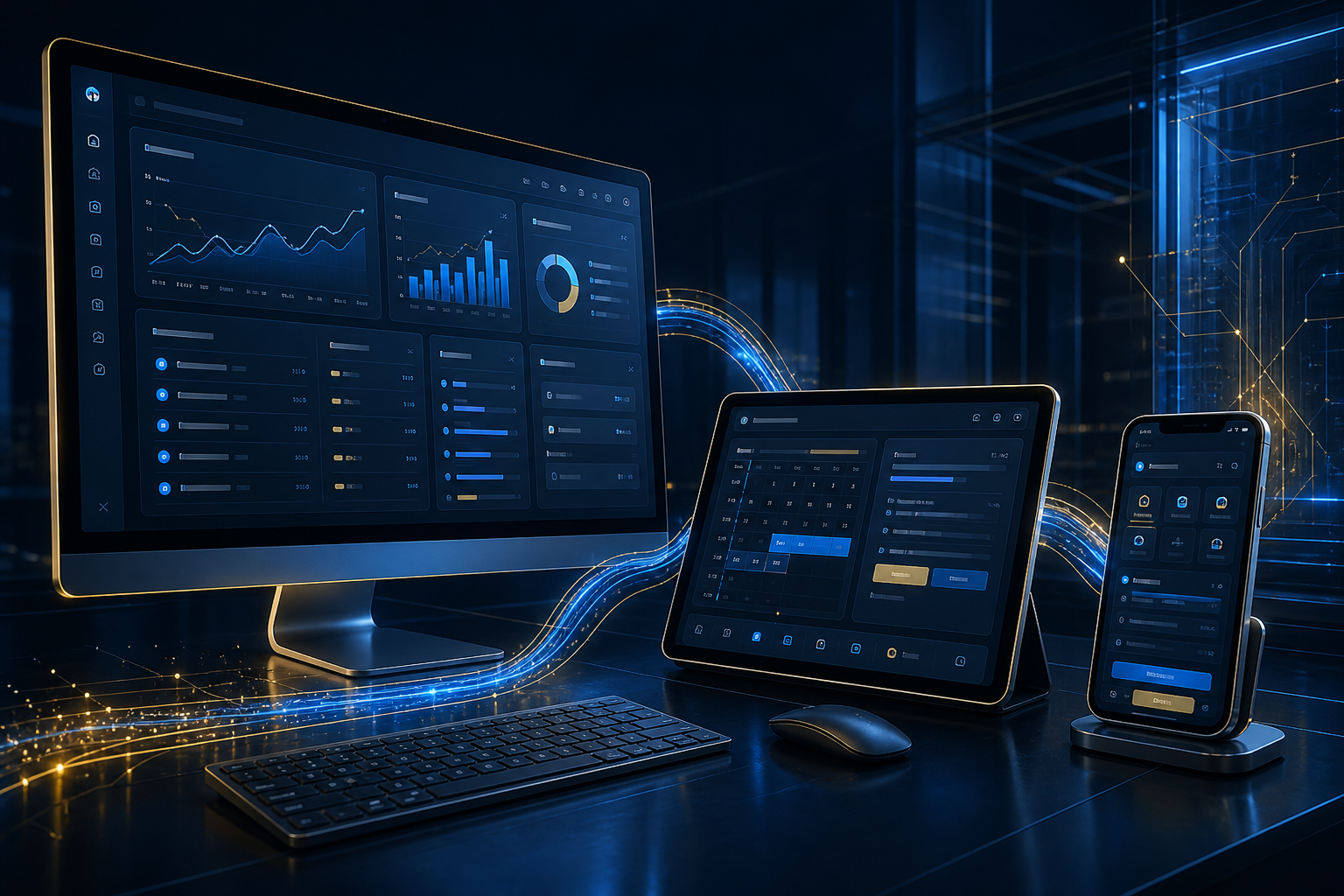 A connected digital platform shown across desktop, tablet, and phone